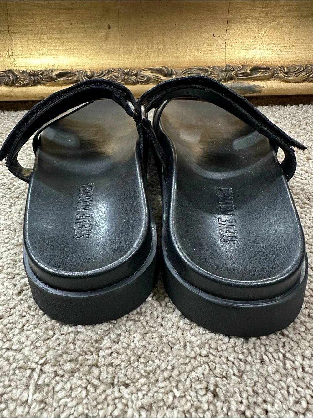 New Steve Madden Mayven Black Leather Flatform Sandals Size 7.5 $89.95